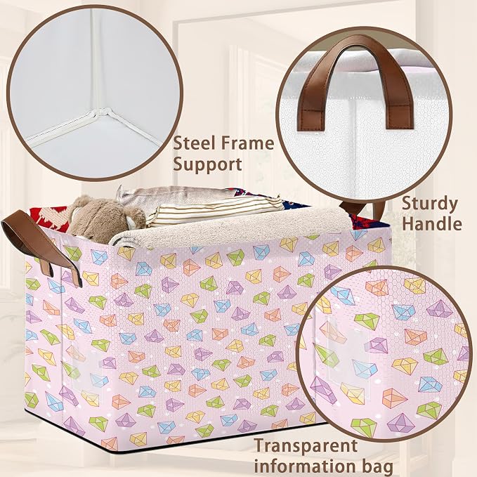 Geometric Diamond Storage Basket Large 17x11.5x10.5 Inches- Collapsible Fabric Organizer Bin with Handles for Modern Home, Bedroom, Luxe Decor-Decorative Hamper with Faceted Pattern Design-Single Pack