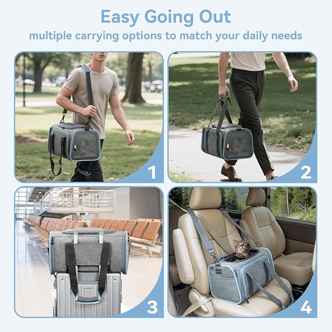 Petsfit Small Expandable Cat Carrier for Air Travel, Up to 9 lb | 16 x 10 x 9 in; sized for Alaska Airlines, with locking zippers, an interior safety tether and multi-side ventilation.