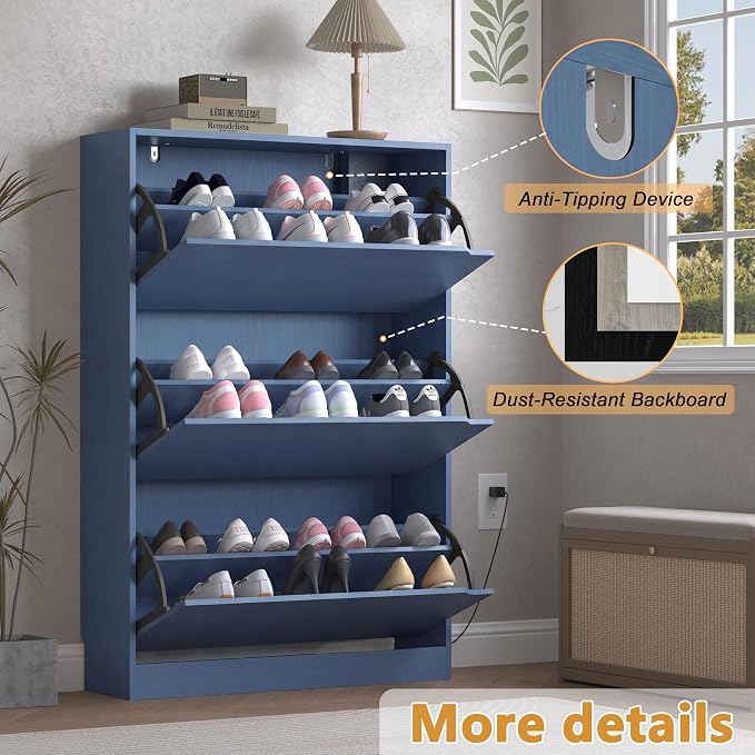 BORNOON Shoe Cabinet with Odor Control and Back Panels, Deodorizing Slim 3-Flip Shoe Storage Cabinet for Entryway, Freestanding Hidden Shoe Rack Organizer for Entrance, Hallway, Bedroom