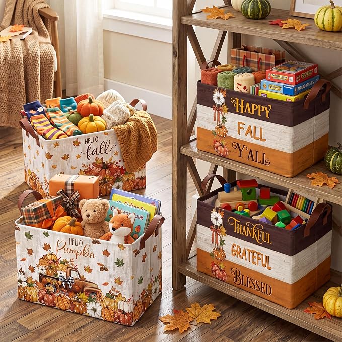 4 Pcs Fall Storage Basket for Gifts Empty Large Pumpkin Storage Bins with Handles 15 x 10 x 8 Fabric Laundry Baskets Autumn Harvest Collapsible Organizer Boxes for Thanksgiving Home Cloth Toys