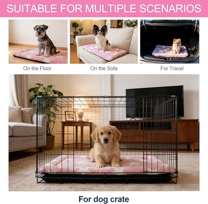 Washable Dog Bed Mat With Anti-Slip Bottom, Deluxe Plush Memory Foam Crate Pad & Waterproof Outdoor Kennel Mat For Dogs & Cats-Durable Crates Beds, Large Medium Small Puppy Size 30" x 20",pink