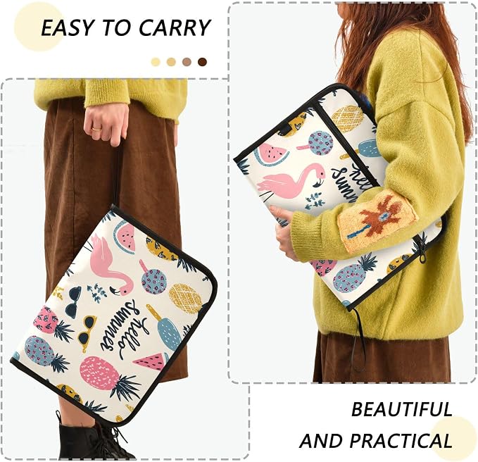 Hello Summer Playful Tropical Doodles Expanding File Folder with Sticky Labels, 13 Pockets Accordion File Folder Document Organizer Expandable Zip File Folder with Zipper Closure