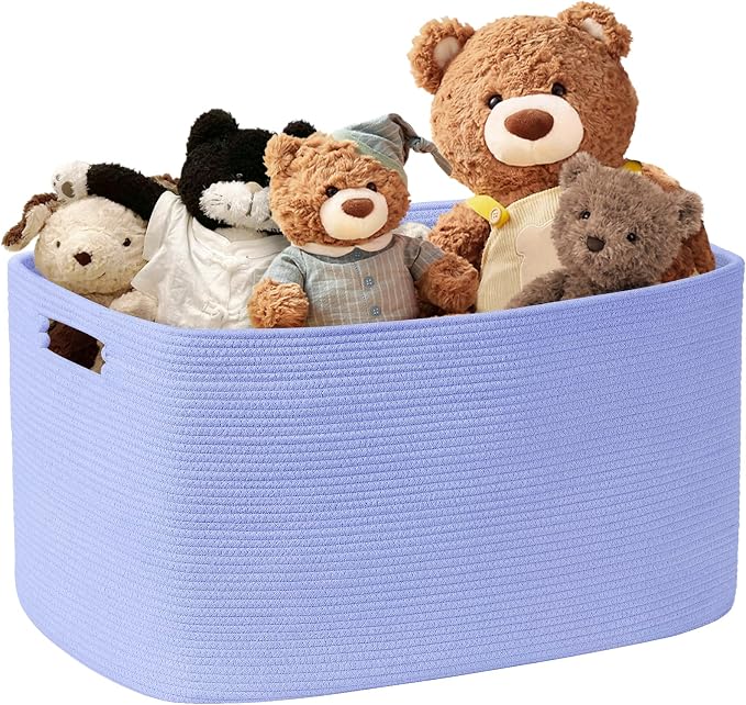 45L Small Woven Laundry Basket Hamper with Handles, Blue Purple | collapsible wicker hamper, storage for dirty clothes, toys, blankets, gifts, living room, bedroom, bathroom, 18"x14"x11"