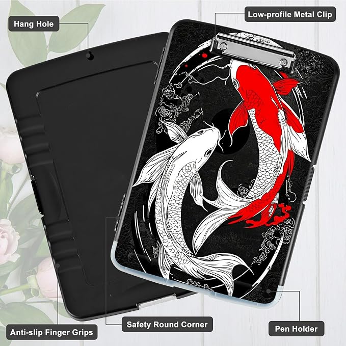 Red White Fish A4 Clipboard with Storage Pen Holder, Clipboards Organizer Nursing Clipboard Foldable File Folder Plastic Clipboard Folio Clip Board for Office Students Classroom Doctor