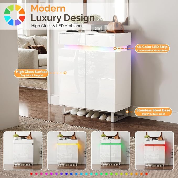 VINGLI Modern White Shoe Cabinet with LED Lights, High Gloss Entryway Shoe Storage Organizer with 2 Drawers & Adjustable Shelves, Freestanding Hidden Shoe Rack for 15+ Pairs, 30.7" W