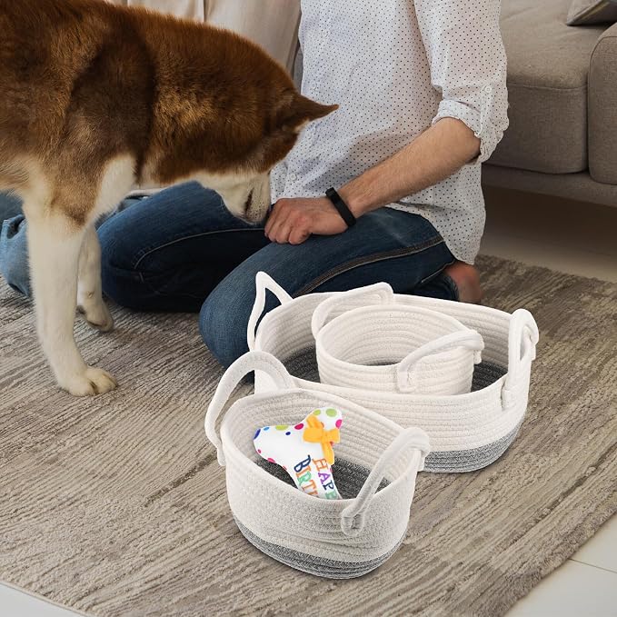 3pcs Woven Cotton Rope Storage Basket Set, Multipurpose Dog Organizer Containers for Pet Supplies, Sturdy Wicker Bins for Home and Nursery Storage