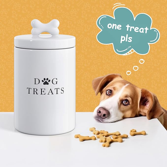 Barnyard Designs Ceramic Dog Treat Container with Airtight Lid (White) | Large Rustic Storage Canister and Cookie Jar for Kitchen Counter; Airtight Lid Keeps Food Fresh; Farmhouse Decor
