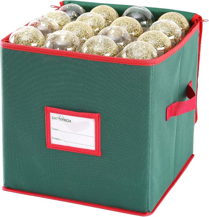 Sattiyrch Christmas Ornament Storage Box,Canvas Stores up-to 64 Standard Holiday Ornaments Holder,12 x 12 Inch 4 Layer Xmas Storage Containers,Green