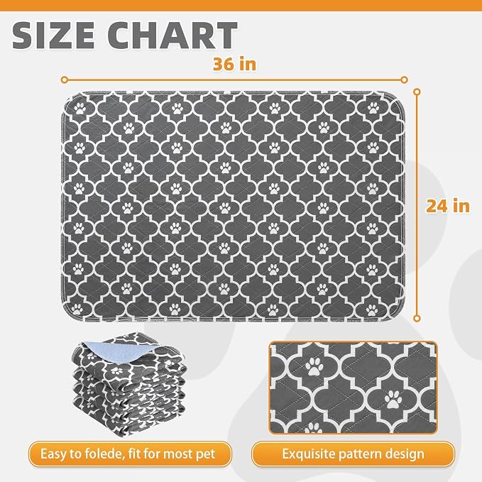 Washable Pee Pads for Dogs, 4 Packs Super Absorbent Leakproof & Non-Slip Dog Pee Pad Large, Reusable Puppy Training Pads Waterproof, Pet Mat Rug for Whelping,Floor,Crate, Car, Cats, 24"x36"