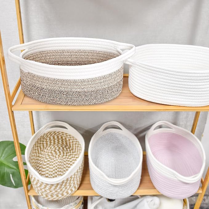 ABenkle Small Basket with Handles, Boho Decorative Rope Woven Dog Cat Toy Storage Bin Shelf Storage Organizer, Easter Christmas Gift Basket, 12"x8"x5"