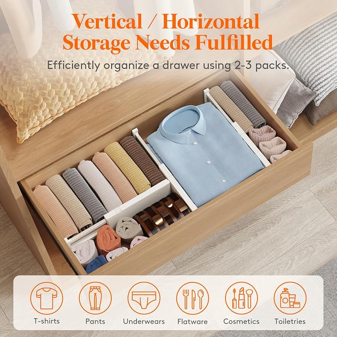 Lifewit 4" High Upgrade Drawer Divider, Adjustable Drawer Organizer Clothes | 14 Pack 11-17" Expandable Beige Plastic Drawer Separator for Dresser, Kitchen, Closet, Nursery, Office Organization & Storage