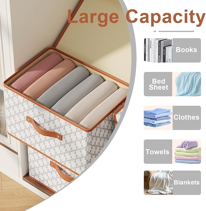 Tuza 4 Pack Fabric Storage Bins with Lids, Collapsible Closet Organizer Container, Decorative Storage Boxes with Lids for Organizing Clothes, Blanket, Grey & White, Large