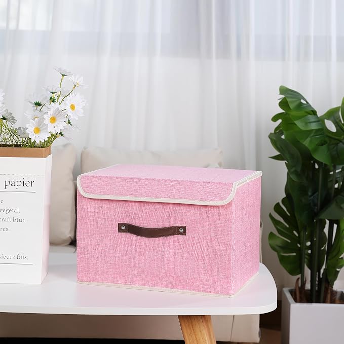ANMINY Fabric Storage Box Bins with Lids, Pink, 15"x10"x10", 4 Pack | Keepsake Memory Storage, Cotton Linen, PP Board Reinforced, Washable, PU Handles, Foldable & Stackable, Decorative, Large