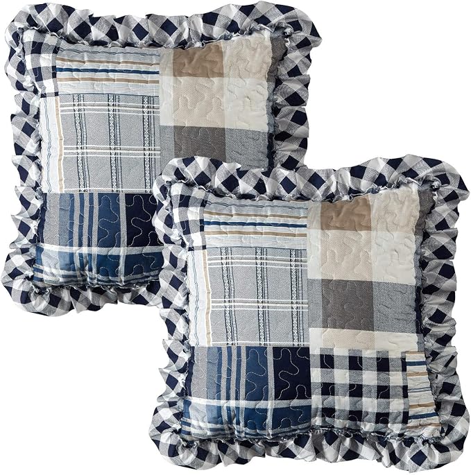 Brilliant Sunshine Multi Blue Plaids & Stripes Ruffle Shams Set, 18"x18" | Patchwork Design with Ruffles, Quilted Pillow Covers, Washable Throw Cushion Cases for Couchs and Beds, Pack of 2