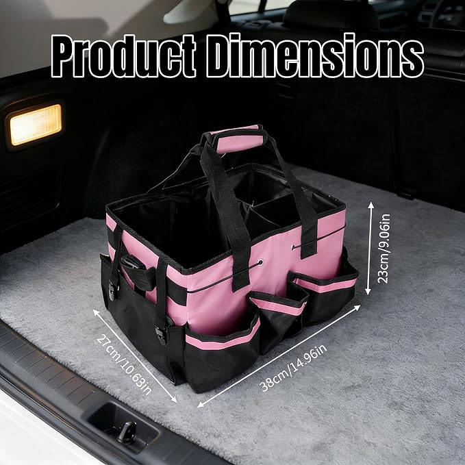 Tool Organizer Tote Bag, Pink and Black, Large Capacity with Adjustable Compartments, Portable Cleaning Storage Caddy, 14.96x10.63x9.06 Inches
