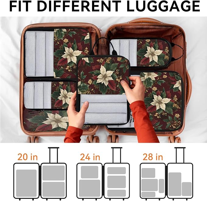 Christmas Poinsettia 6 Set Compression Packing Cubes Red Winter Xmas Expandable Packing Organizer for Travel Accessories Luggage Suitcase Bag