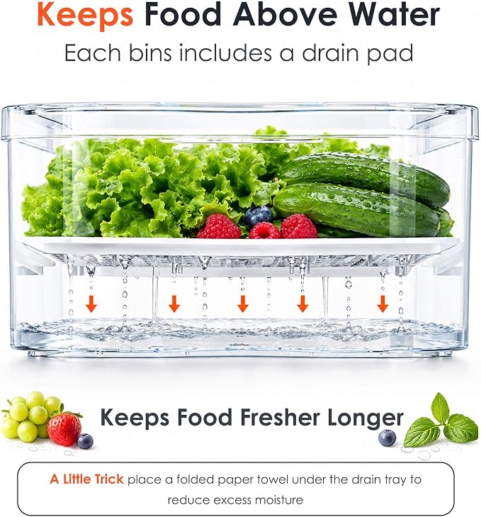 SMRCAD Clear Fridge Bins with Drain Trays - BPA-Free PET, Stackable(8 Pack) | 8 Pack: 1 Drawer + 7 lidded Bins, Helps Keep Produce Fresh, 18.3L Capacity, Hand Wash Only