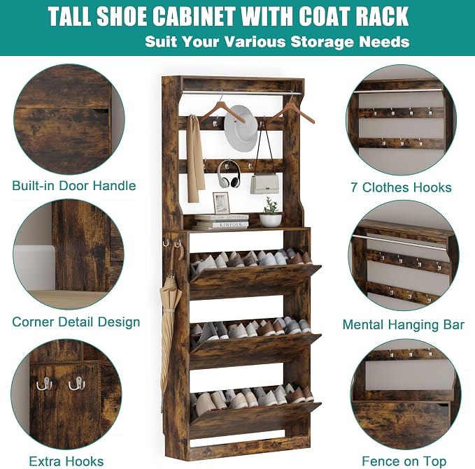 Shoe Cabinet for Entryway with 3 Flip Drawers, Brown Tall Wood Shoe Storage Cabinet with Coat Rack, Narrow Hidden Slim Freestanding Shoe Rack Organizer, 2 in 1 Hall Tree for Living Room, Hallway