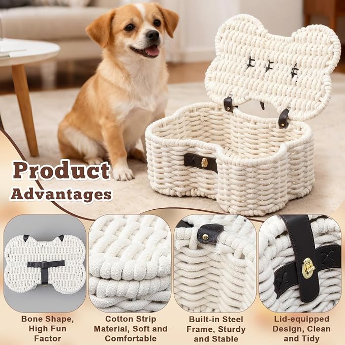 Dog Toys Basket, Cotton Rope Bin Bone Shaped Pet Toys Organizer, Handmade Pet Toy Bin, Woven Baskets for Storage, 14.96" x 11.22" x 6.5"inch