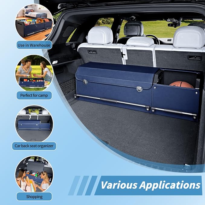 Leather Car Trunk Organizer SUV Trunk Organizer Car Trunk Storage Organizer | Large Trunk Organizer with Lid and Sturdy Handle Car Cargo Storage Box (Blue, 41 x 11.4 x 12.2in)