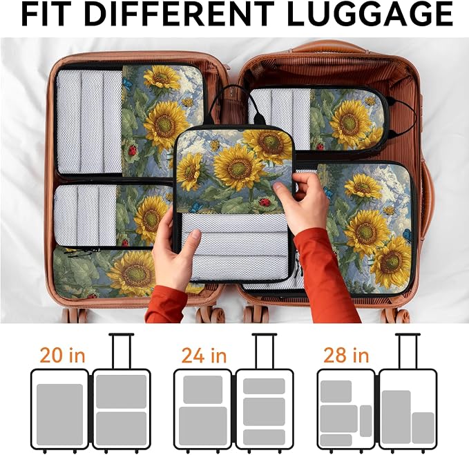 TropicalLife Sunflower Butterfly 6 Set Compression Packing Cubes | Compressible Expandable Luggage Suitcase Organizer Bags Space Saver Bags for Carry on
