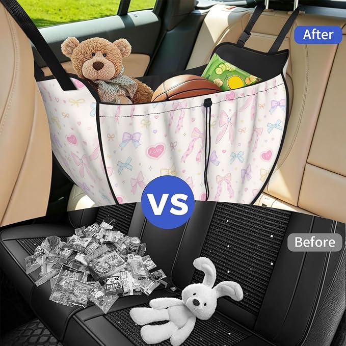 Pastel Bow Love Car Seat Organizer Backseat Storage Bag, Large Waterproof Vehicle Organizer With Adjustable Straps For Gear Essentials, Fits Most Cars