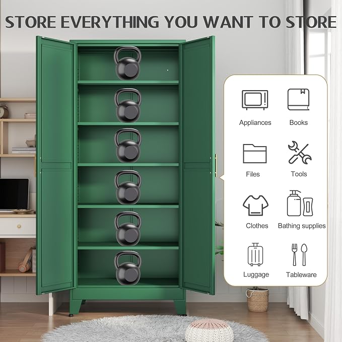 GAIOUS 75.2" Tall Kitchen Food Pantry, Metal Pantry Cabinet with 2 Door | and 5 Adjustable Shelves, Green Laundry Room Cabinets, Freestanding Pantry for Kitchen, Study Room, Dining Room and Entryway