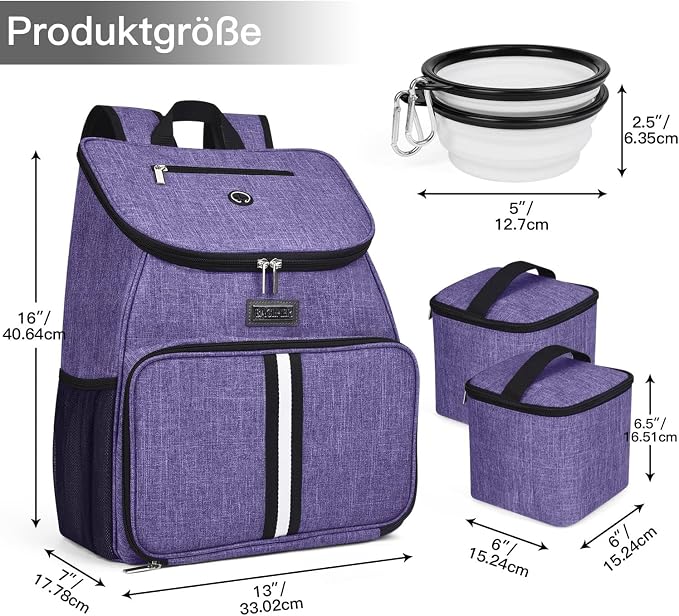 BAGLHER丨Dog Travel Bag, Airline Approved Pet Supplies Backpack, Dog Travel Backpack Accessories Set with 2 Silicone Collapsible Bowls and 2 Food Baskets. Purple