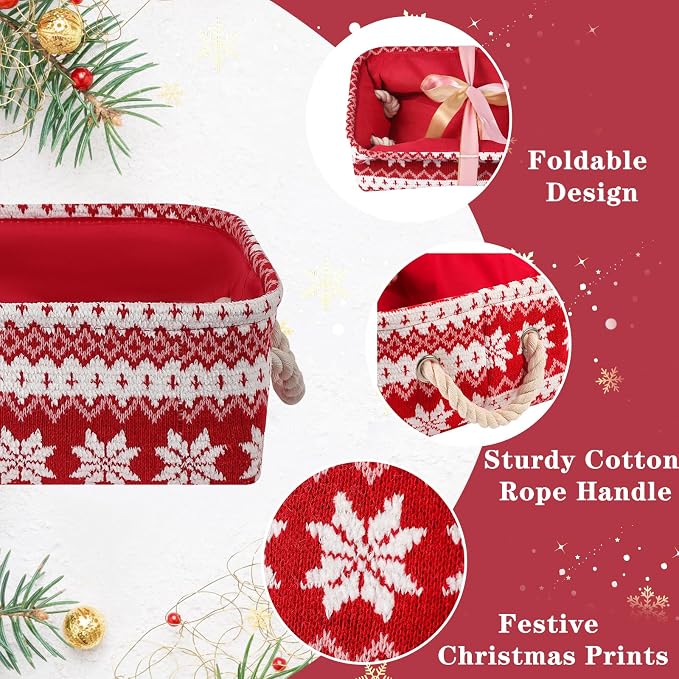 Red Christmas Gift Basket, Collapsible Empty Holiday Storage Bin with Handles, Fabric Storage Organizer for Kids, Baby Items, Presents and Festive Home Decorations