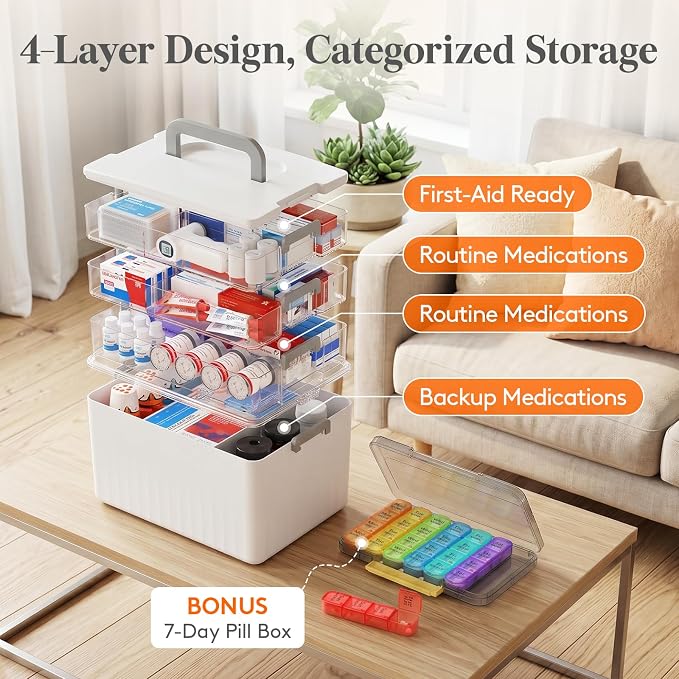 Lifewit 4-Tier Extra-Tall Medicine Cabinet Organizer with Handle& Pill Case | Deep Bottom Fits 7.1" Bottles, Portable Empty First Aid Box for Vitamin, Sewing, Tackle, Tool, Bathroom Under Sink Storage