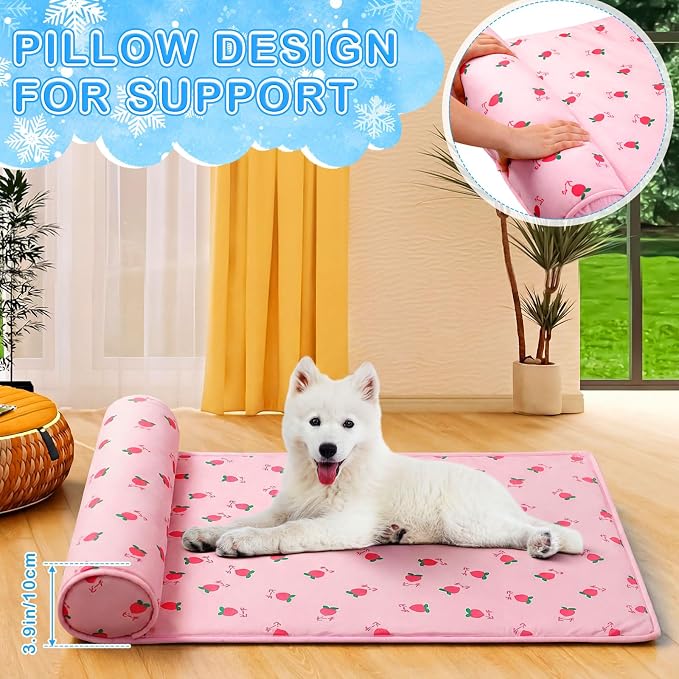 DoubleFill 4 Pack Cooling Pet Mats 23.6" x 31.5" Cooling Dog Beds with Supportive Pillow Self Ice Washable Cool Pads Summer Cat Sleeping Pad with Storage Bag for Summer Crate Floor (Large, Pink)