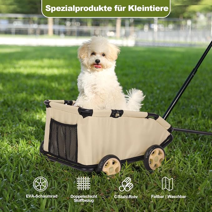 Mini Dog Strollers for Mini Pets, Foldable Multifunctional Shopping Carts with Extendable Pull Handle, Doggie Wagon Built-in Cushion and Safety Rope with Storage Bag (Khaki)