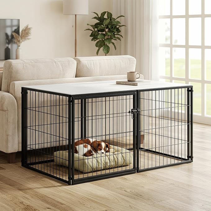 48 Inch Dog Cage with Top Cover Large Kennel for Medium Dogs Black Metal Wire Pet Playpen Indoor Crate Furniture Style Easy Assembly Flexible Door Placement Box for Two Small Puppies