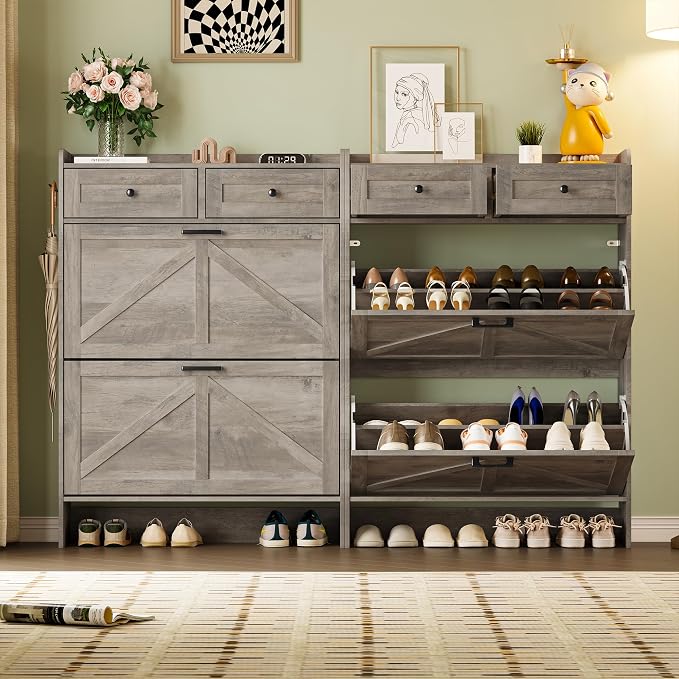 BORNOON Shoe Storage Cabinet for Entryway, Farmhouse Narrow Shoe Cabinet with 2 Flip Drawers & Top Drawers, Adjustable Shelves & Hooks, Freestanding Hidden Rack Organizer for Hallway, Foyer