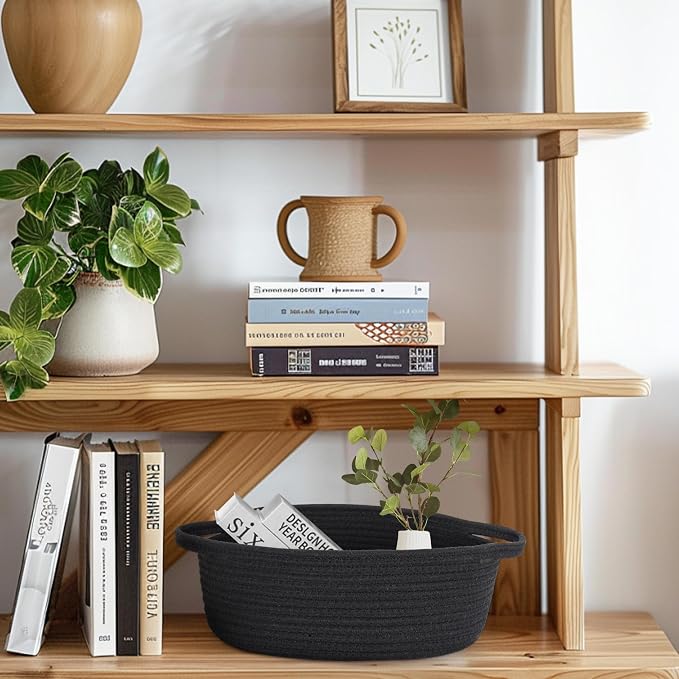 Small Basket for Gifts Empty, Woven Cotton Rope Gift Basket, Cute Kids Dog Cat Toy Bin Box, Baby Nursery Organizer, Decorative Storage Bin for Shelves, Easter, Home Decor, 13"x9"x5", Black