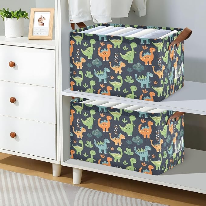 Sage Green Dinosaur Orange Black Baby Storage Basket with Labels&Handles Rectangular Waterproof Nursery Storage Bins Collapsible Shelf Organizer Baskets for Kids Books Cloth Gift Toys Laundry