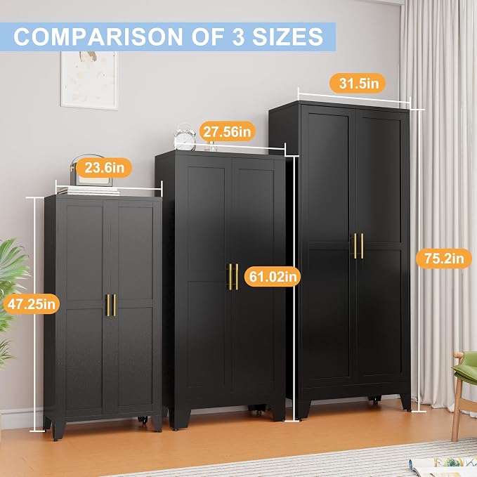 Black Kitchen Pantry Cabinets, 48" Metal Storage Cabinet for Office | Steel Kitchen Pantry Storage with Doors and 3 Adjustable Shelves, for Office, Home, Garage, School