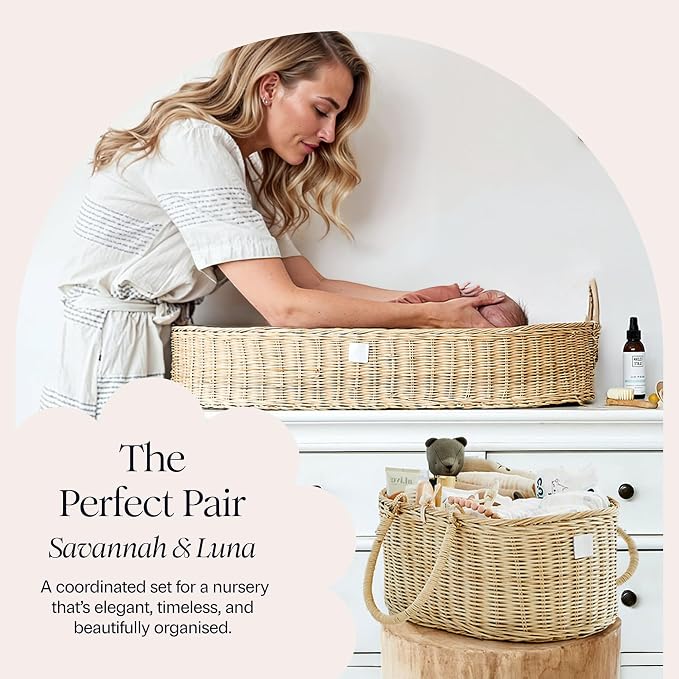 BEBE BASK Premium Baby Diaper Caddy Organizer Basket with Cotton Divider | Handmade & Award-Winning, Rattan Diaper Basket, Newborn Essentials, Nursery Basket, Removable Divider, Baby Shower (SAVANNAH)