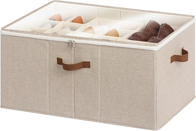 StorageWorks 24-Pair Large Shoe Storage Closet, Adjustable Dividers, Taupe | Holds up to 24 Pairs, Foldable, Clear Lid, Reinforced Handles, Fits Sneakers, Boots & Heels, For Mudroom, Living Room