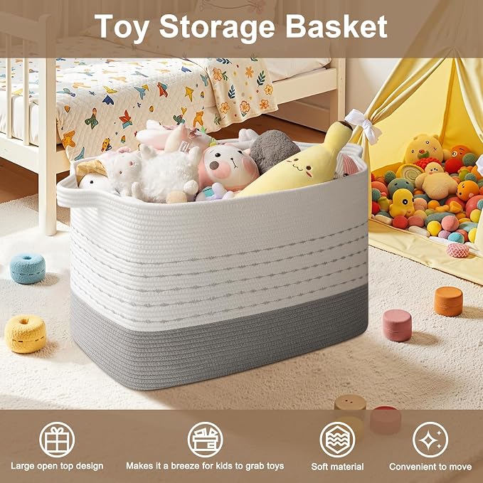 OIAHOMY 108L Extra Large Blanket Basket, 25”x16”x16” Rectangle Woven Cotton Rope Baskets for Living Room, Toy Storage with Handle- Gradient Grey