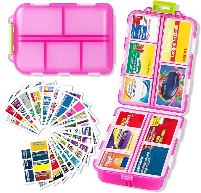 Extra Large Pill Organizer with 161 Medicine Labels, Travel Pill Case | Pink Extra large case with 10 compartments for 7-day pill planning, vitamins, supplements, and travel
