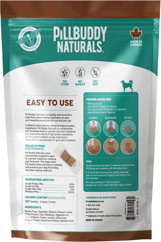 Presidio Earthly Pill Buddy Naturals - Honey Recipe Pill Hiding Treats for Dogs - Make A Perfect Pill Concealing Pocket Or Pouch for Any Size Medication - 90 Servings