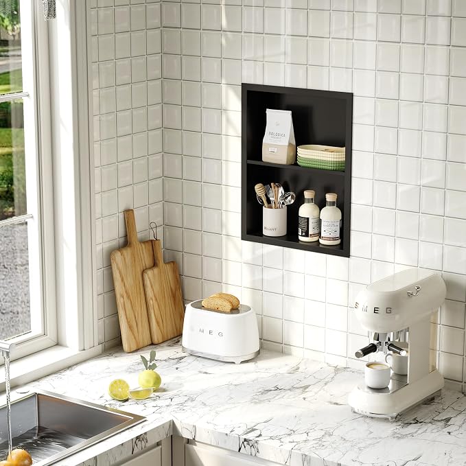 Qeke 14x 18 Medicine Cabinet Recessed with Double Shelves, Matte Black | 304 Stainless Steel Medicine Cabinet without Mirror, No Tile Needed Wall Niche for Bathroom Storage, Space Saving & Durable