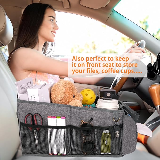 HEYSKAY Backseat Car Organizer Car Caddy Passenger Seat Organizer for Kids | Collapsible Small Car Storage, Console Front Seat Car Organizer for Truck, SUV and Minivan, Adjustable Compartment Space