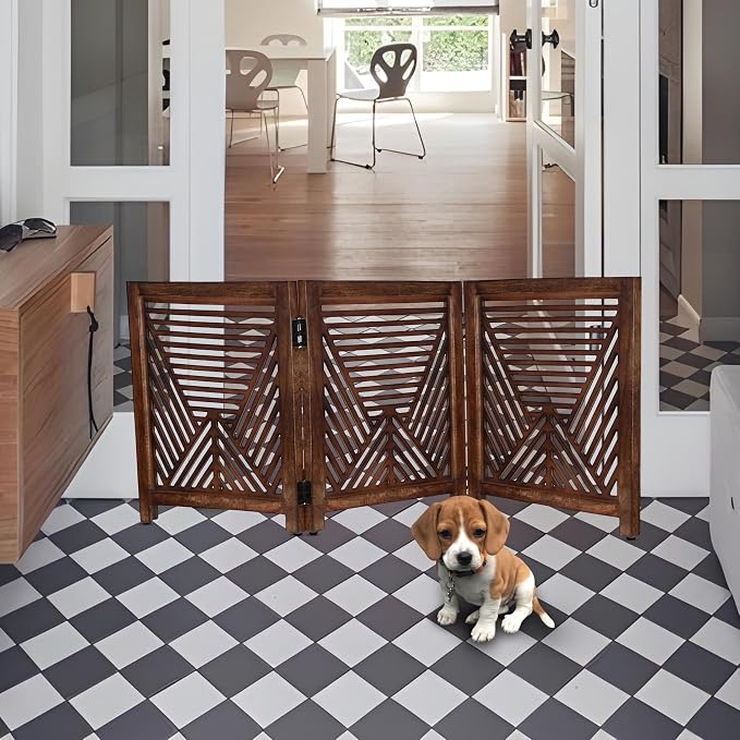 Lightnpro 3-Panel Wooden Dog Gate – Rustic Burnt Finish Foldable Freestanding Pet Barrier, Extra-Wide Indoor Safety Fence for Small Dogs & Puppies – 24x54 Inch
