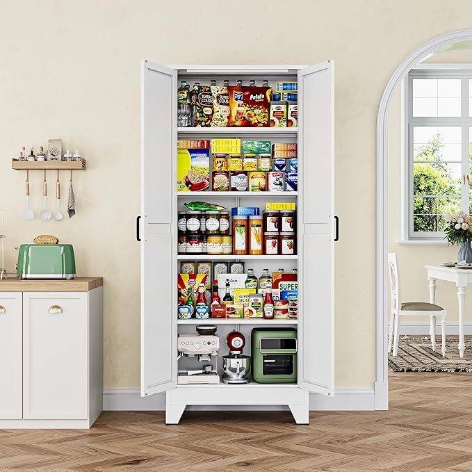 75" H Metal Storage Cabinet with 2 Doors and 4 Shelves,Tall Kitchen Pantry Cabinets,Farmhouse Utility Pantry Organizers for Cupboard/Dining/Bathroom/Home Office/Garage,White