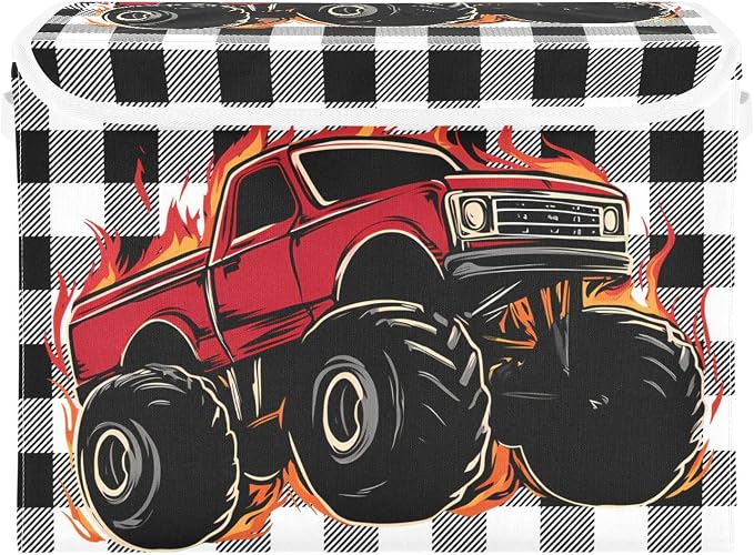 Red Truck Car Fabric Storage Bins with Lid Closet Storage Basket 40L | Decorative Storage Boxes, Foldable & Stackable, Dust-Proof Flip Top, Reinforced Handles, For Home & Dorm, Clothes & Toy Box