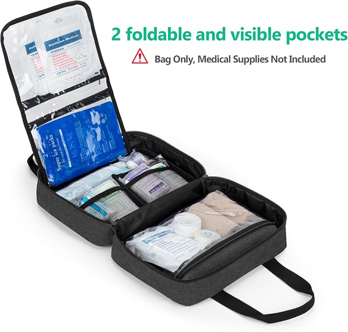 Empty First Aid Kits Case, Portable Emergency Kit Organizer, Black | Medical Bag for Emergency Supplies and Pill Bottles, Large Capacity, for Hiking, Camping, Car, Travel, Home and Outdoor