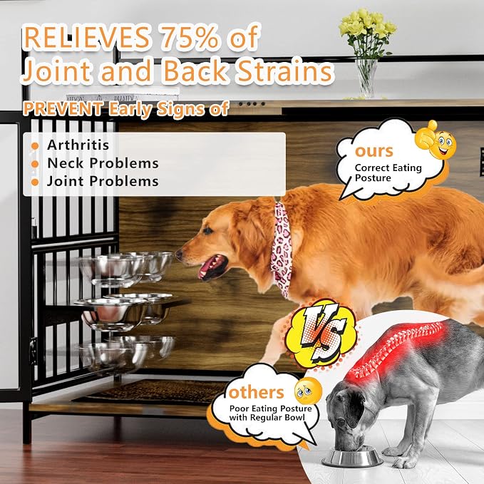 ROOMTEC 41 Inch Dog Crate Furniture, Indoor Kennel End Table | Steel-Tube Frame, Storage Top, Adjustable 360°Rotating Feeder, 2 Stainless Steel Bowls, With Pad, For Medium dog