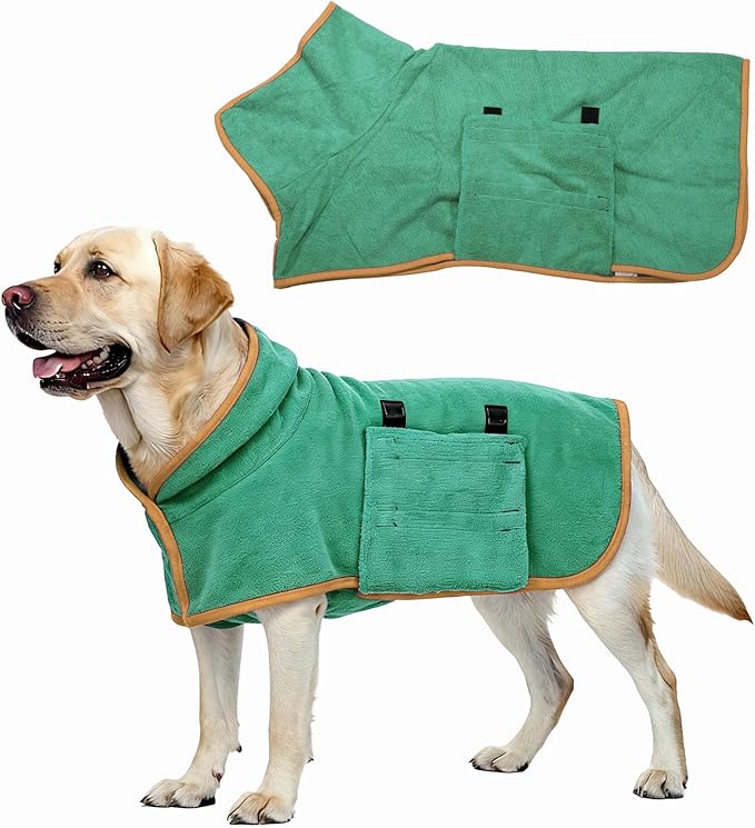 Dog Drying Coat, Dog Robes for After Bath Bathrobe Super Absorbent Towel Soft Adjustable, (M, Dark Green), Intended for Fast Drying Warm Keeping Pet Cats Kitten Puppies
